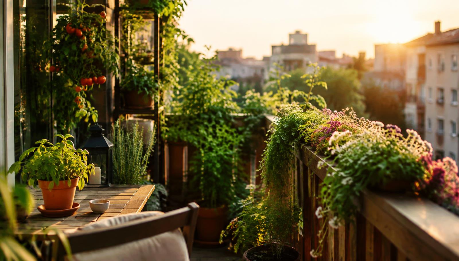 A lush balcony garden at sunset